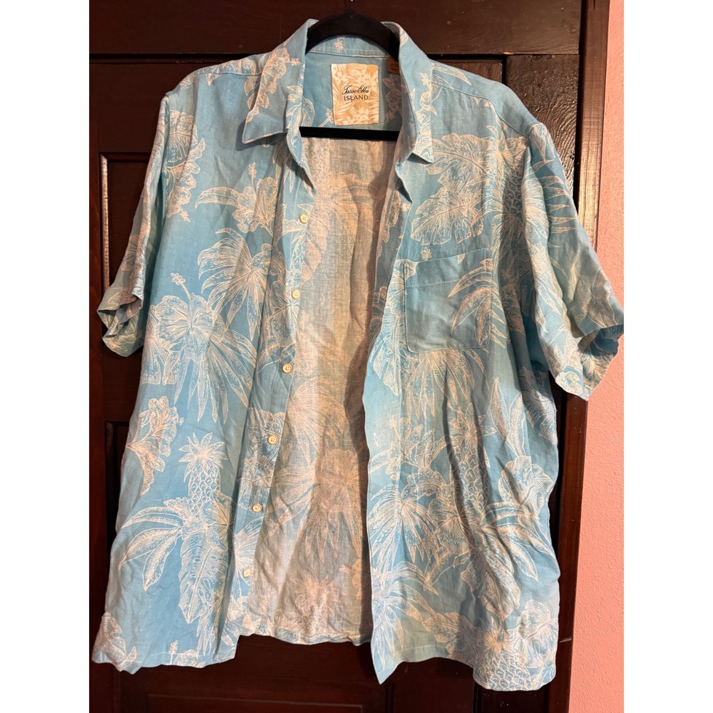 Tasso Elba Island Mens Silk Linen Tropical Hibiscus Pineapple Shirt Blue Large